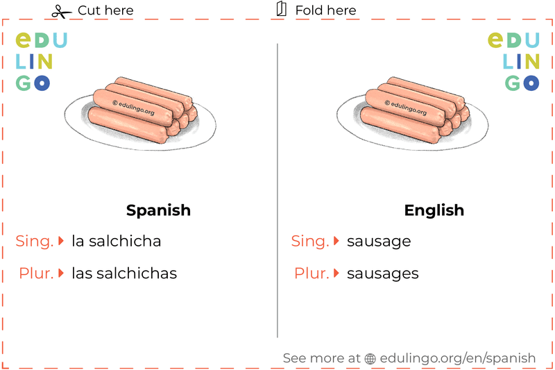 Sausage in Spanish vocabulary flashcard for printing, practicing and learning