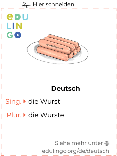 Wurst auf Deutsch Vokabelkartei zum Ausdrucken, Üben und Lernen