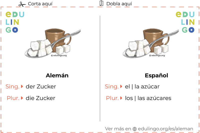 Ficha de Vocabulario Azúcar en alemán para imprimir, practicar y aprender