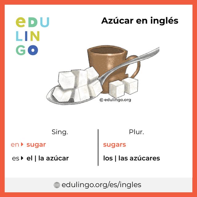 Imagen de vocabulario Azúcar en inglés con singular y plural para descargar e imprimir