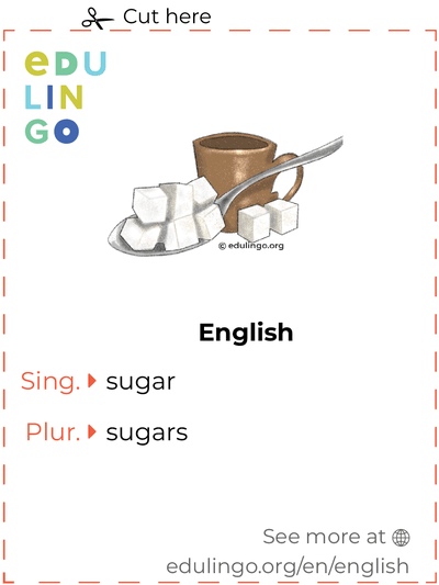 Sugar in English vocabulary flashcard for printing, practicing and learning
