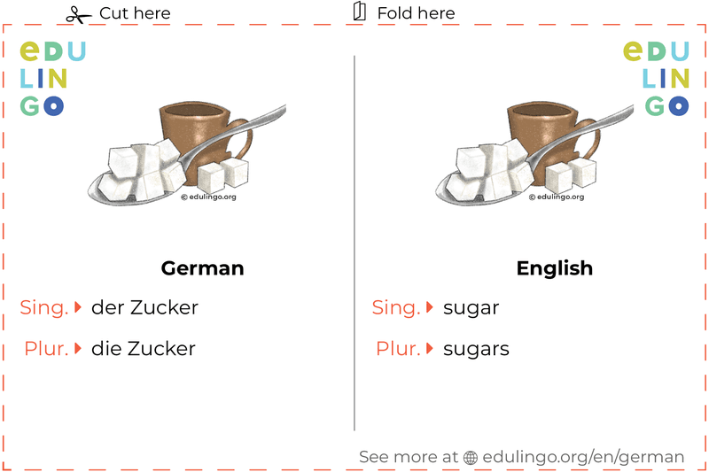 Sugar in German vocabulary flashcard for printing, practicing and learning