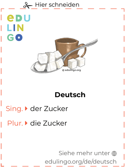 Zucker auf Deutsch Vokabelkartei zum Ausdrucken, Üben und Lernen