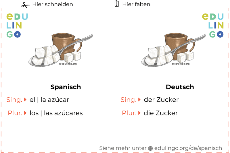 Zucker auf Spanisch Vokabelkartei zum Ausdrucken, Üben und Lernen