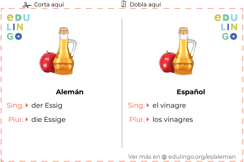 Ficha de Vocabulario Vinagre en alemán para imprimir, practicar y aprender