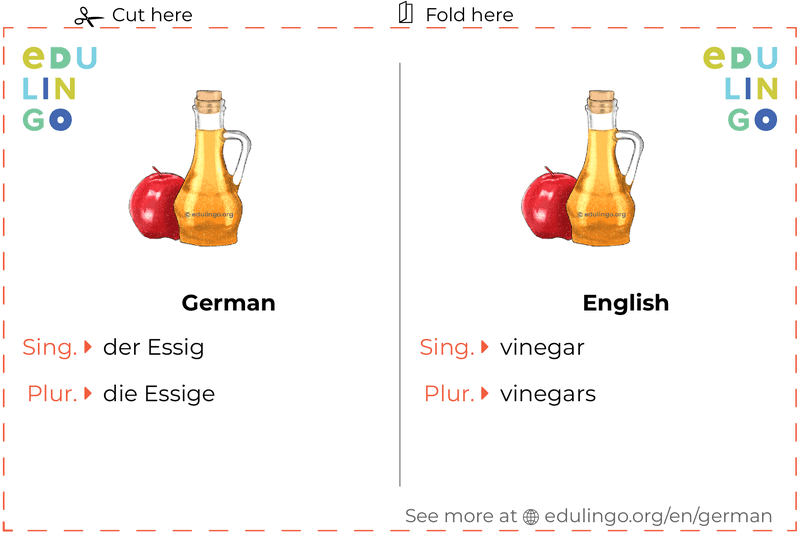 Vinegar in German vocabulary flashcard for printing, practicing and learning