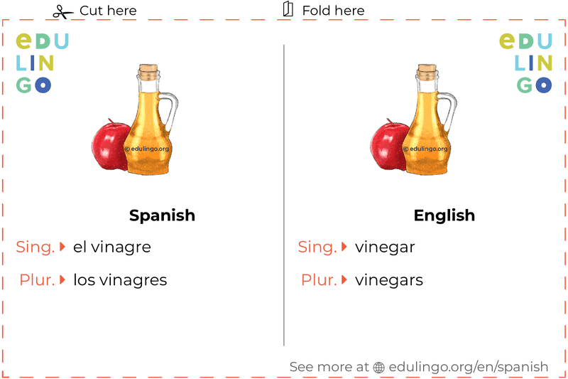 Vinegar in Spanish vocabulary flashcard for printing, practicing and learning