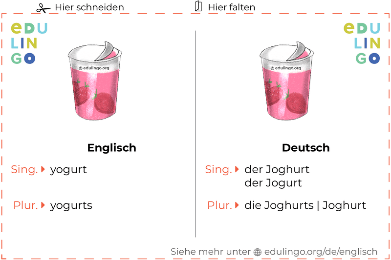 Joghurt auf Englisch Vokabelkartei zum Ausdrucken, Üben und Lernen