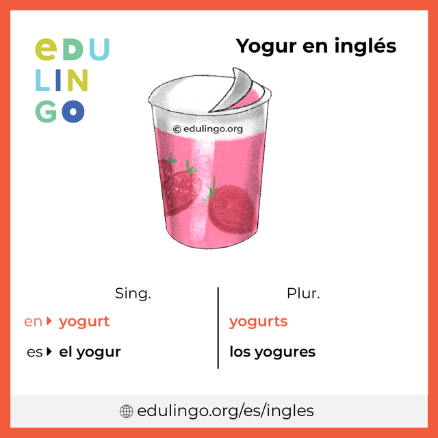 Imagen de vocabulario Yogur en inglés con singular y plural para descargar e imprimir