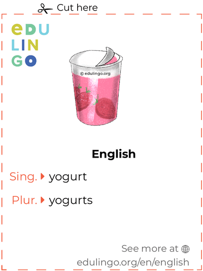 Yogurt in English vocabulary flashcard for printing, practicing and learning