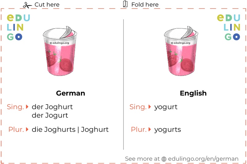 Yogurt in German vocabulary flashcard for printing, practicing and learning