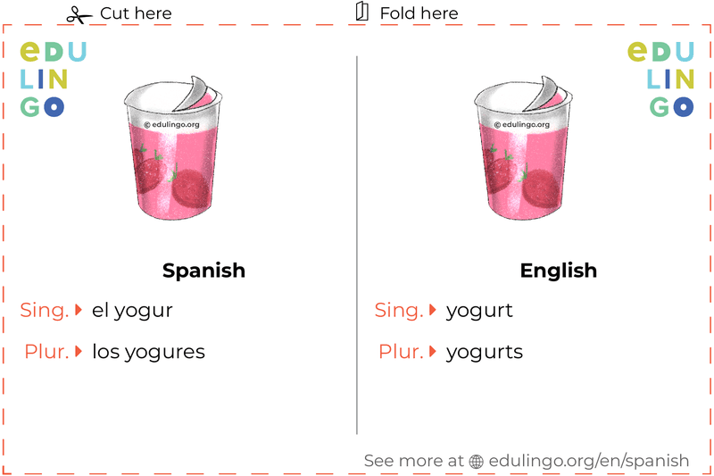 Yogurt in Spanish vocabulary flashcard for printing, practicing and learning