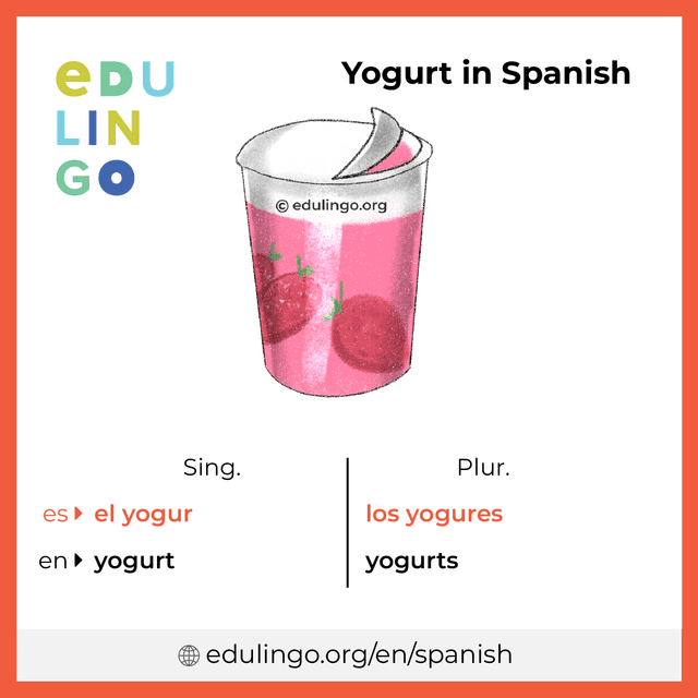 Yogurt in Spanish vocabulary picture with singular and plural for download and printing