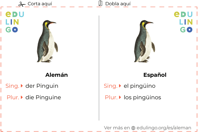 Ficha de Vocabulario Pingüino en alemán para imprimir, practicar y aprender