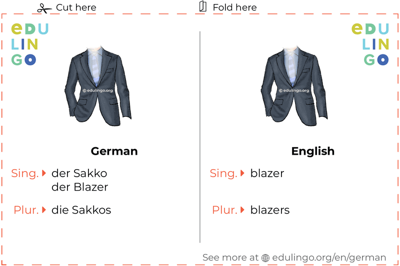 Blazer in German vocabulary flashcard for printing, practicing and learning