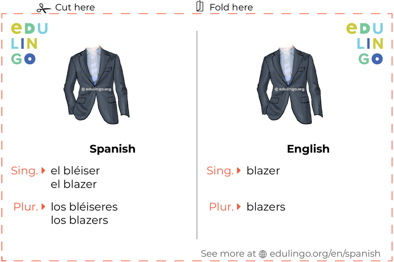 Blazer in Spanish vocabulary flashcard for printing, practicing and learning