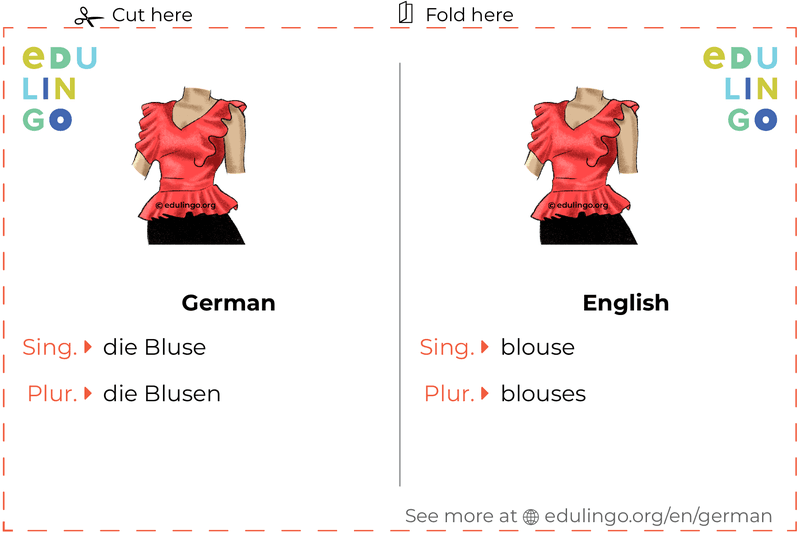 Blouse in German vocabulary flashcard for printing, practicing and learning
