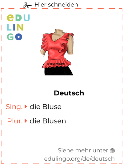 Bluse auf Deutsch Vokabelkartei zum Ausdrucken, Üben und Lernen