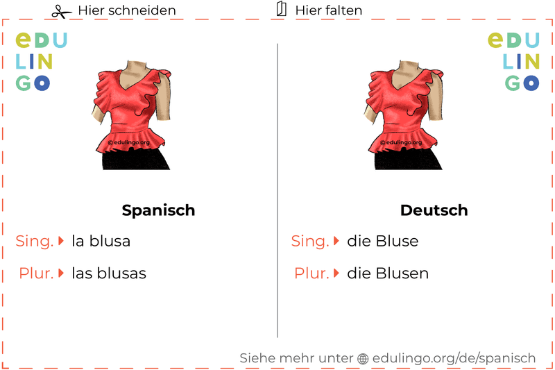 Bluse auf Spanisch Vokabelkartei zum Ausdrucken, Üben und Lernen