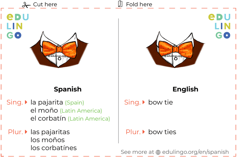 Bow Tie in Spanish vocabulary flashcard for printing, practicing and learning