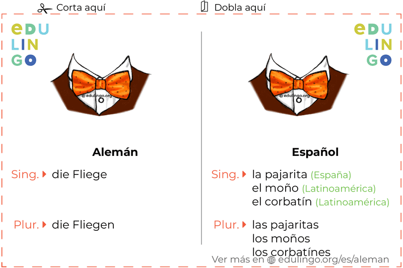 Ficha de Vocabulario Pajarita en alemán para imprimir, practicar y aprender