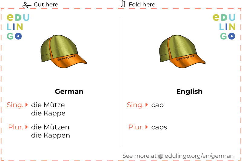 Cap in German vocabulary flashcard for printing, practicing and learning