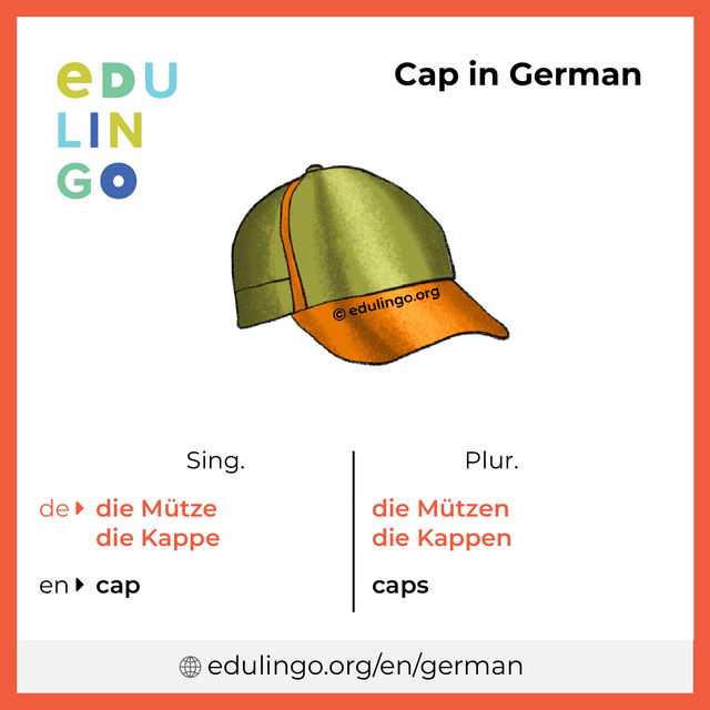 Cap in German vocabulary picture with singular and plural for download and printing