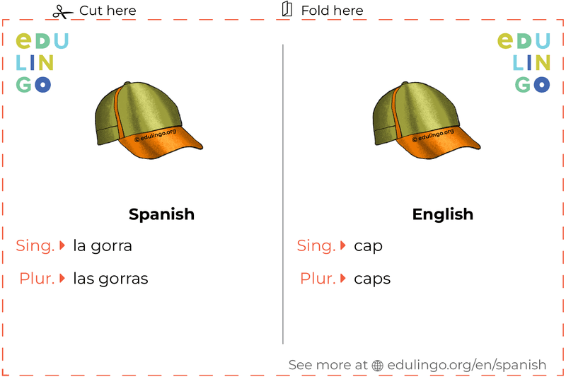 Cap in Spanish vocabulary flashcard for printing, practicing and learning
