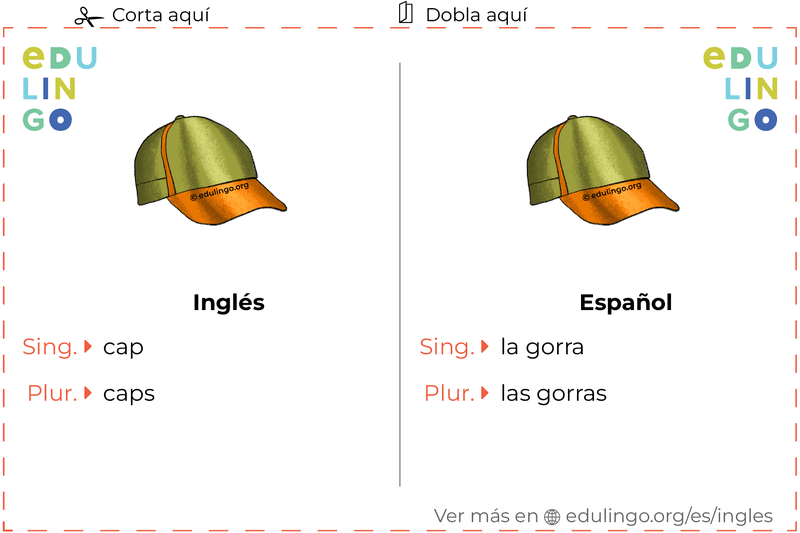 Ficha de Vocabulario Gorra en inglés para imprimir, practicar y aprender