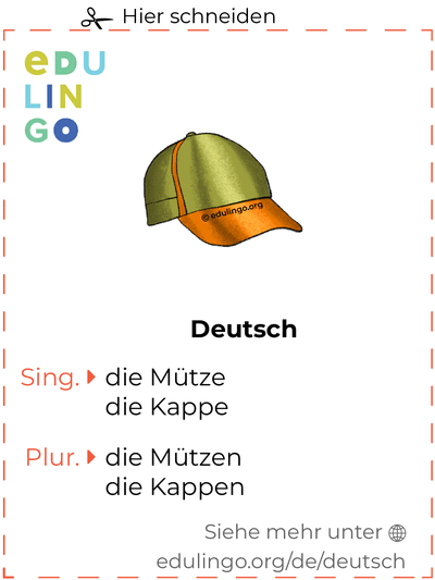 Mütze auf Deutsch Vokabelkartei zum Ausdrucken, Üben und Lernen