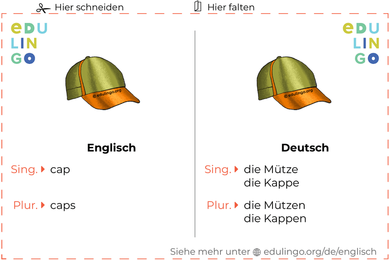 Mütze auf Englisch Vokabelkartei zum Ausdrucken, Üben und Lernen