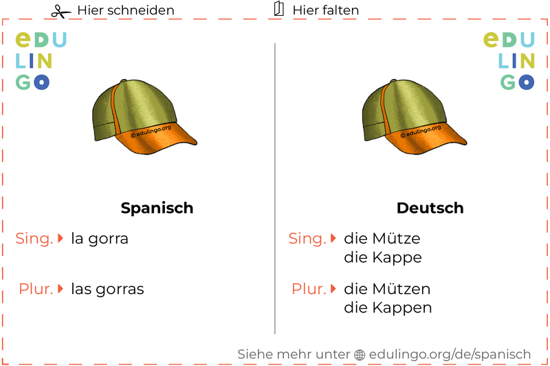 Mütze auf Spanisch Vokabelkartei zum Ausdrucken, Üben und Lernen