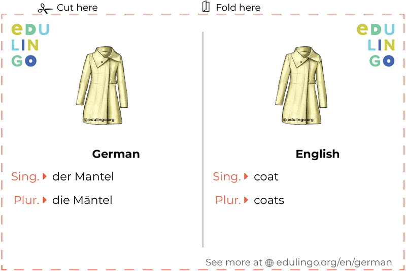 Coat in German vocabulary flashcard for printing, practicing and learning