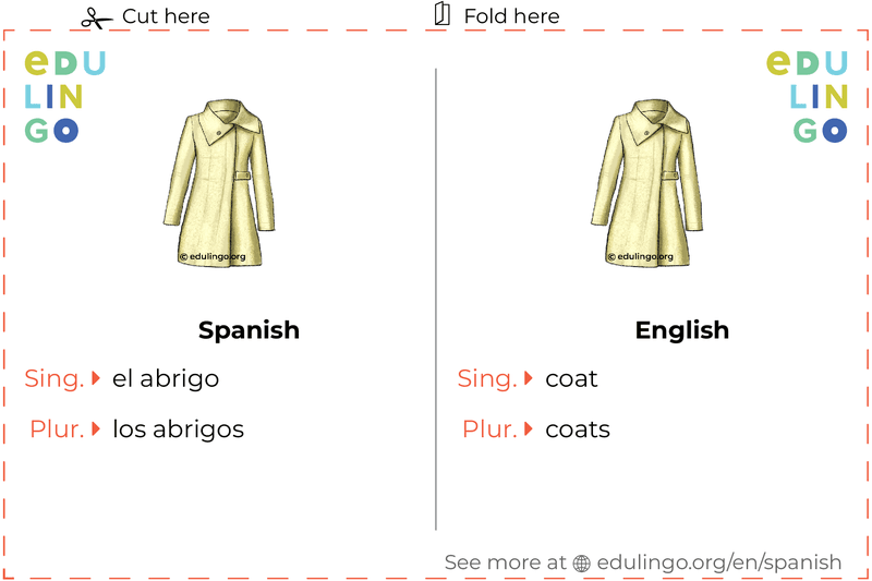Coat in Spanish vocabulary flashcard for printing, practicing and learning