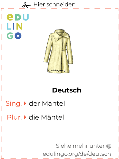 Mantel auf Deutsch Vokabelkartei zum Ausdrucken, Üben und Lernen