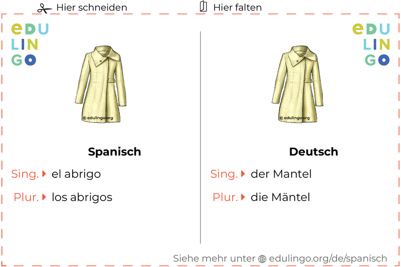 Mantel auf Spanisch Vokabelkartei zum Ausdrucken, Üben und Lernen
