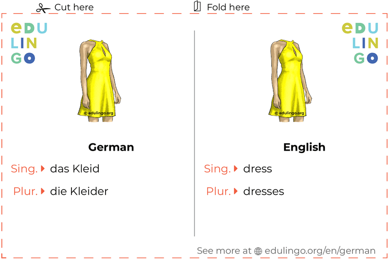 Dress in German vocabulary flashcard for printing, practicing and learning