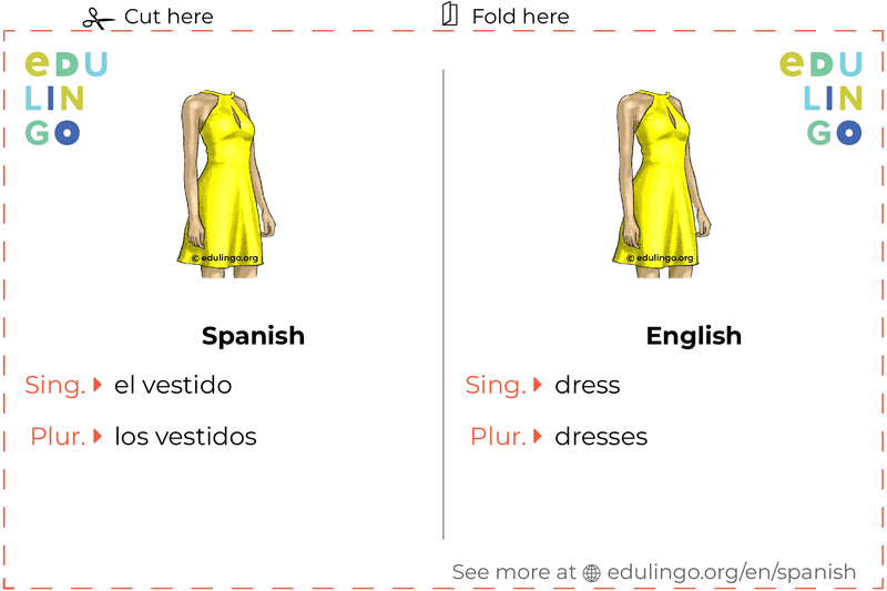 Dress in Spanish vocabulary flashcard for printing, practicing and learning