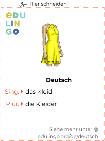 Kleid auf Deutsch Vokabelkartei zum Ausdrucken, Üben und Lernen
