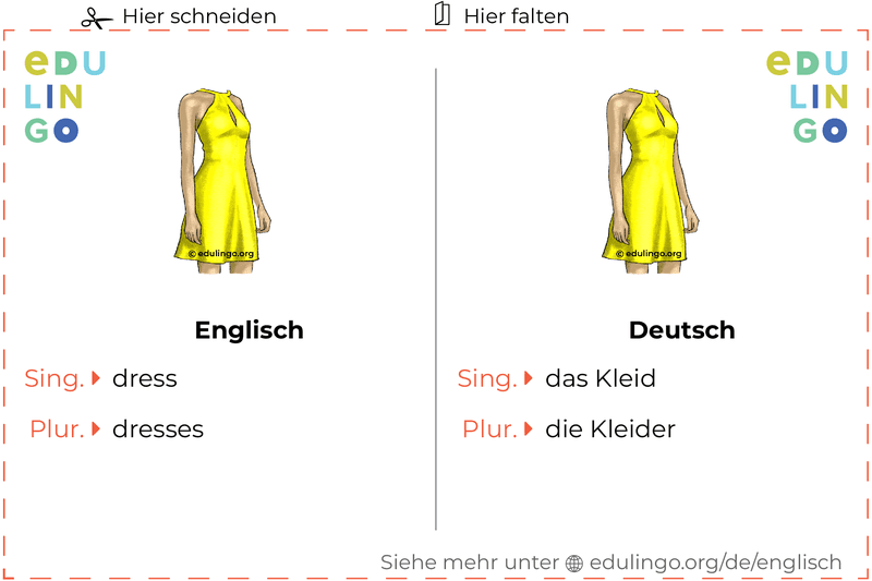 Kleid auf Englisch Vokabelkartei zum Ausdrucken, Üben und Lernen