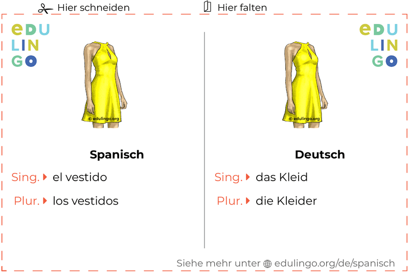 Kleid auf Spanisch Vokabelkartei zum Ausdrucken, Üben und Lernen