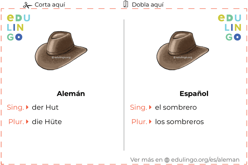 Ficha de Vocabulario Sombrero en alemán para imprimir, practicar y aprender