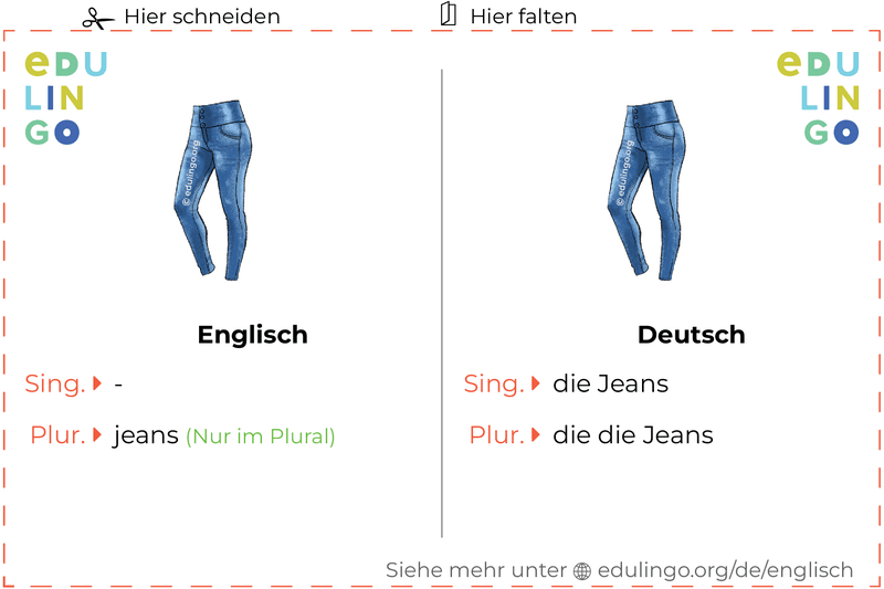 Jeans auf Englisch Vokabelkartei zum Ausdrucken, Üben und Lernen