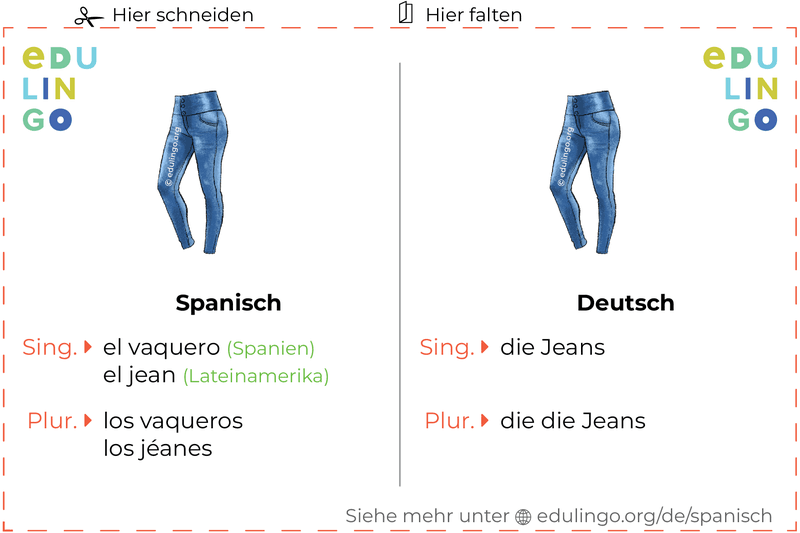 Jeans auf Spanisch Vokabelkartei zum Ausdrucken, Üben und Lernen