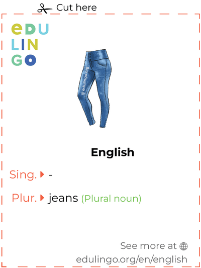 Jeans in English vocabulary flashcard for printing, practicing and learning