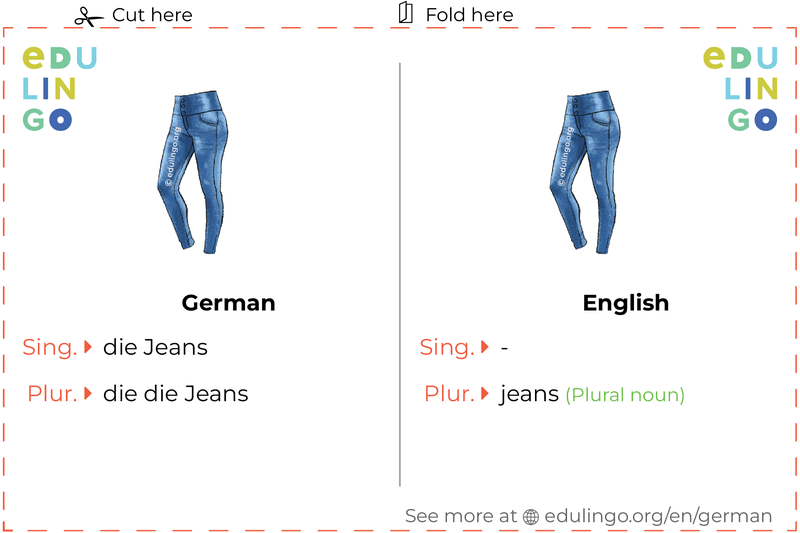 Jeans in German vocabulary flashcard for printing, practicing and learning