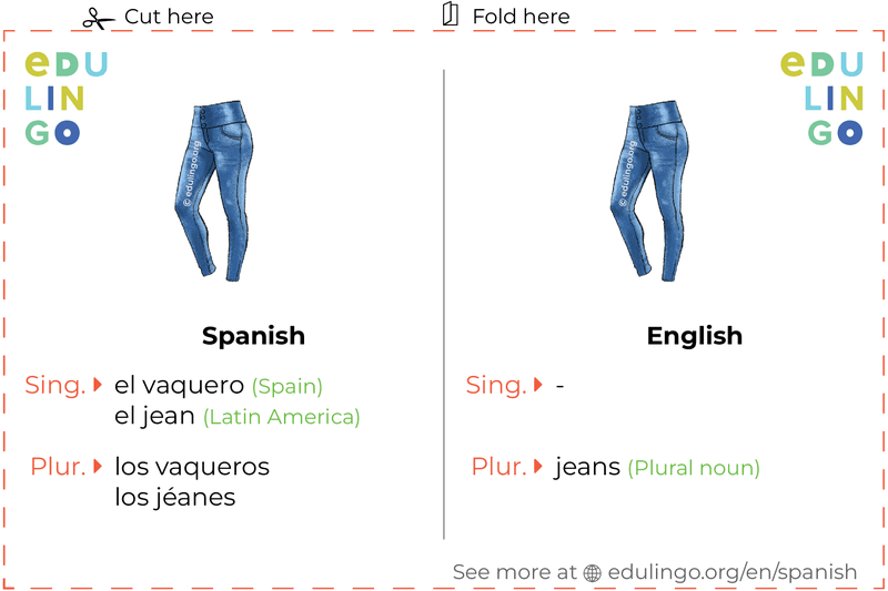 Jeans in Spanish vocabulary flashcard for printing, practicing and learning