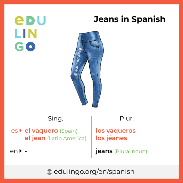 Jeans in Spanish vocabulary picture with singular and plural for download and printing