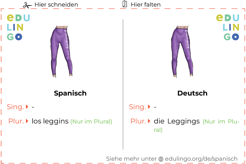 Leggings auf Spanisch Vokabelkartei zum Ausdrucken, Üben und Lernen
