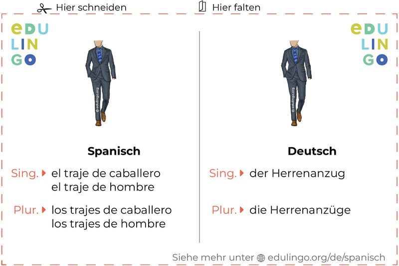 Herrenanzug auf Spanisch Vokabelkartei zum Ausdrucken, Üben und Lernen